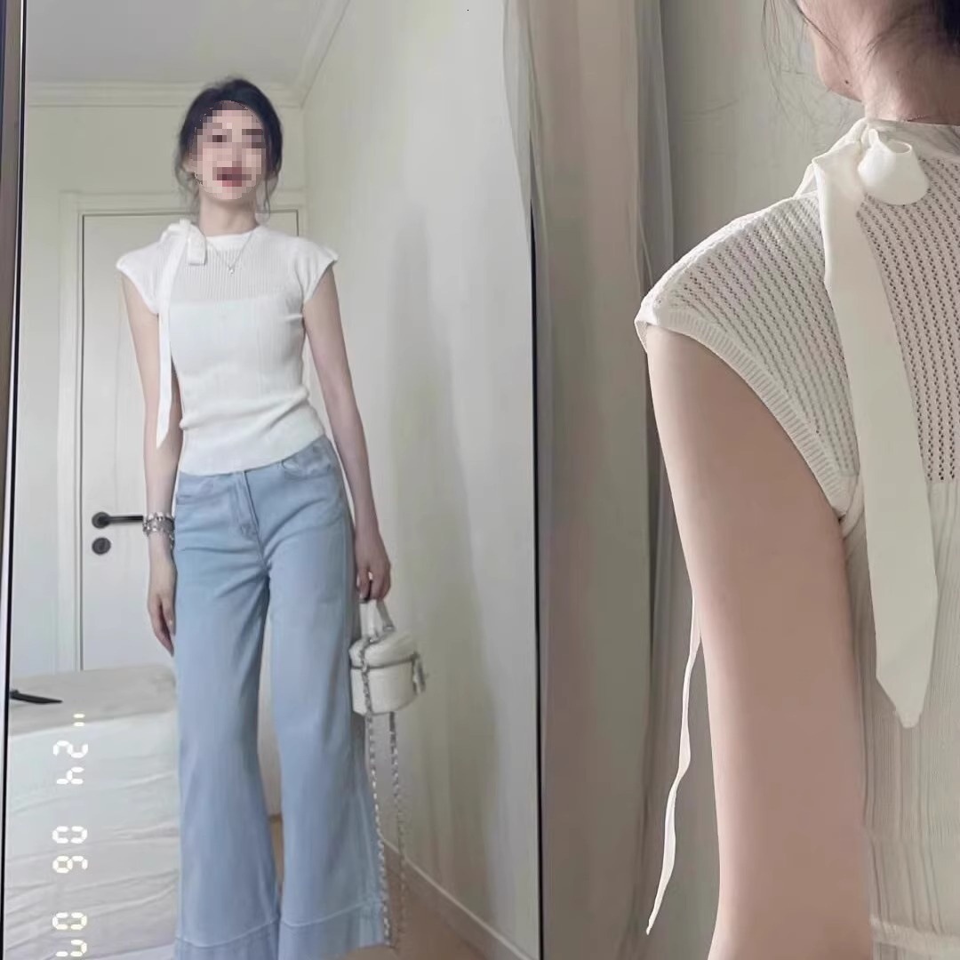 Short Sleeve Designer Hoodie Women's Unique Design Bowknot Neck T-shirt Designer Shirt Small Flutter Sleeves Summer Slim Fit Elegant Ice Silk Knitted Top