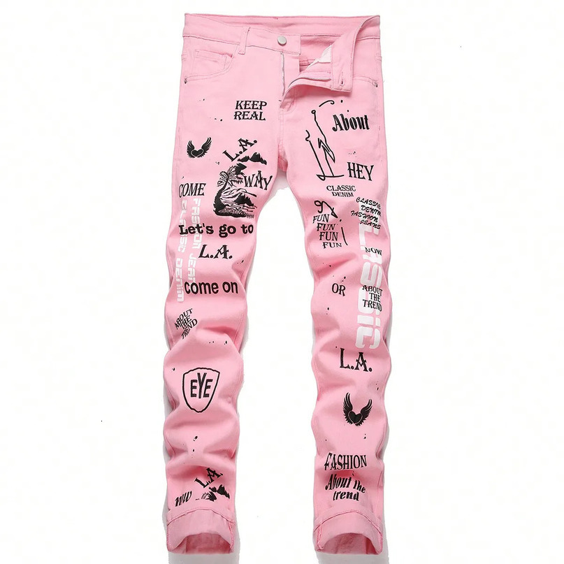 Men Stretchy Ripped Skinny Biker Embroidery Cartoon Print Jeans Destroyed Hole Slim Fit Denim High Quality Hip Hop Black 240806