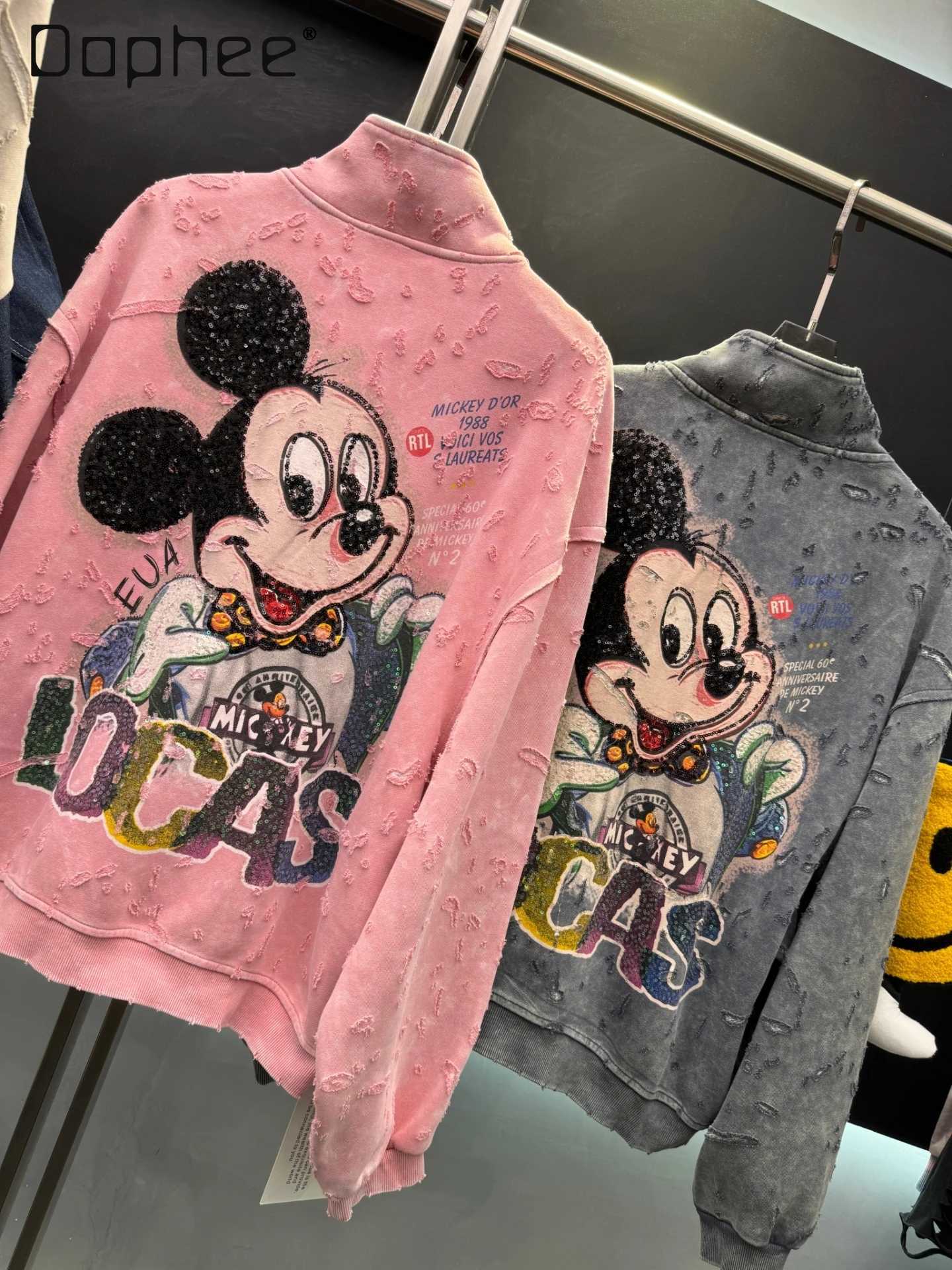 European Style Cartoon Zipper Jacket 2025 Autumn New Heavyduty Ripped Sequin Cartoon Sweatshirt Casual Loose Coat Sweatshirt L251010EGUZ