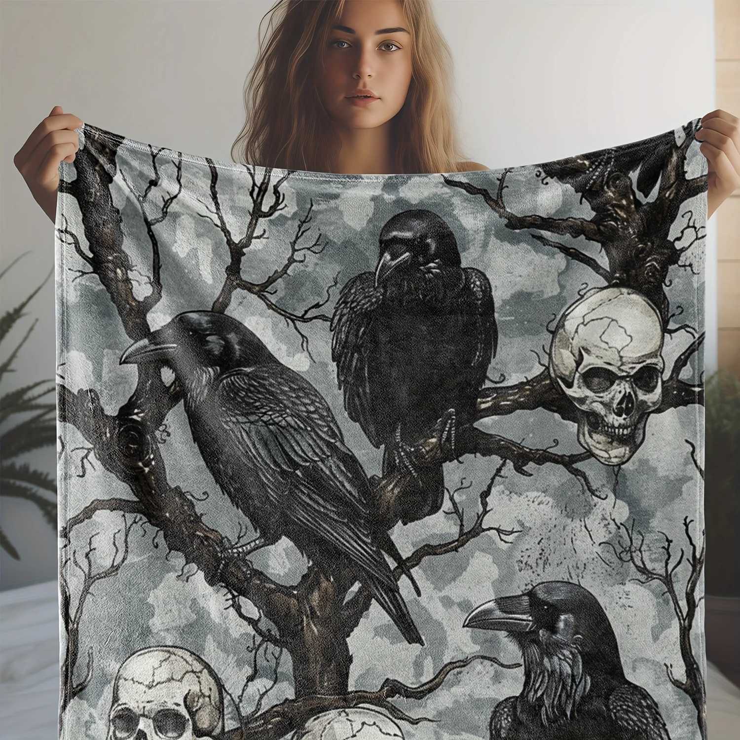 Vintage Halloween Skull Black Crow Flannel Throw Blanket Soft Warm and Cozy for Couch Bed Car Office Camping C251011