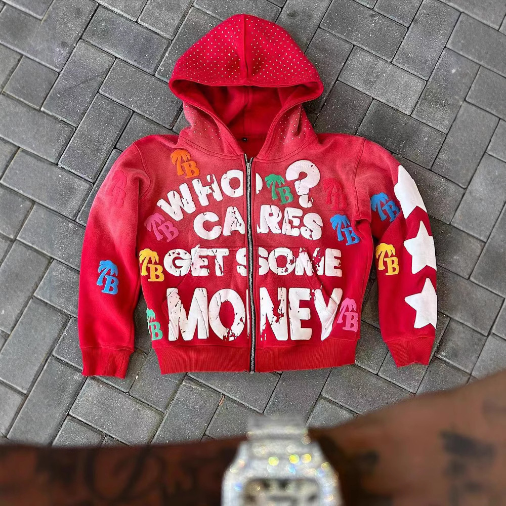 Y2K Trend American Style Printed Loose Casual Comfortable Hooded Zipper Sweatshirt Jacket Top