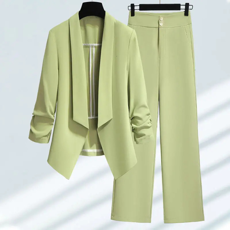 Womens Spring and Summer Green Jacket Pants Two Piece Set Office Elegant Thin Trouser Work Clothes 241115
