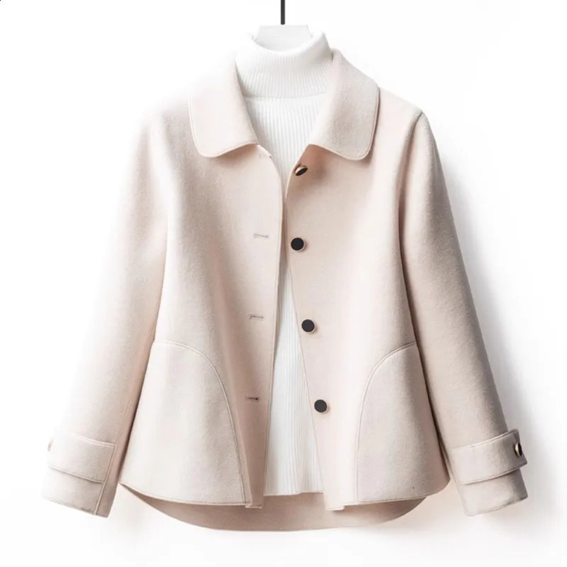 Autumn and winter doublesided wool coat womens segmented doll collar short black open 240918