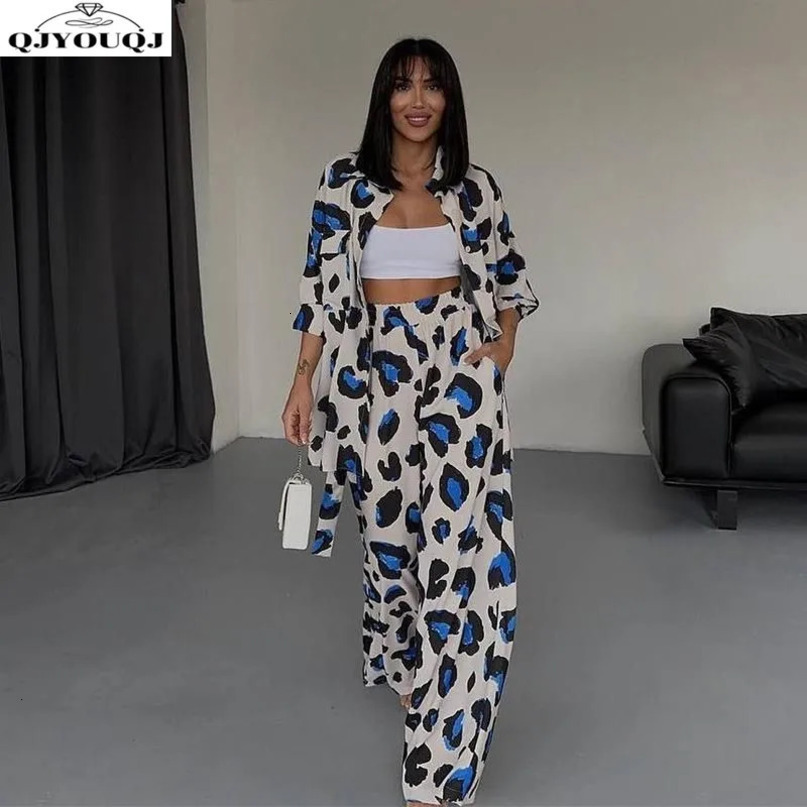 European and American springsummer casual womens printed n long sleeved shirtwide leg pants twopiece set 241008
