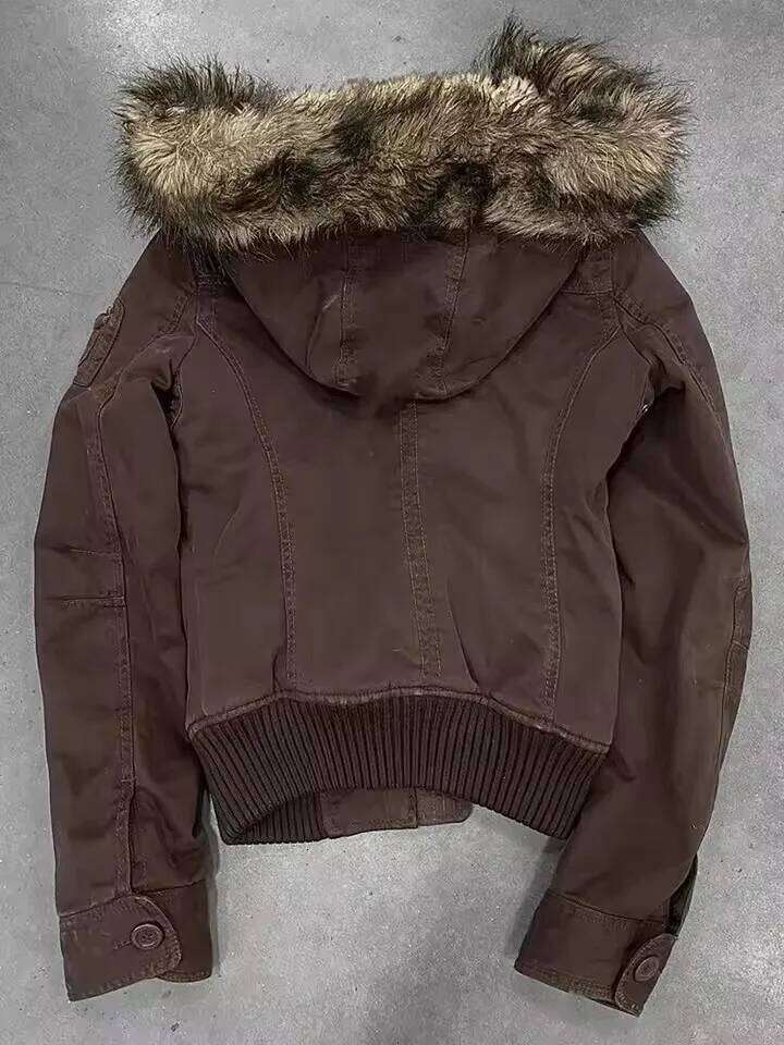 American Vintage Y2k Lined Bomber Jacket Womens Brown Hooded Coat With Faux Fur Trim Ribbed Cuffs Fashionable And Casual