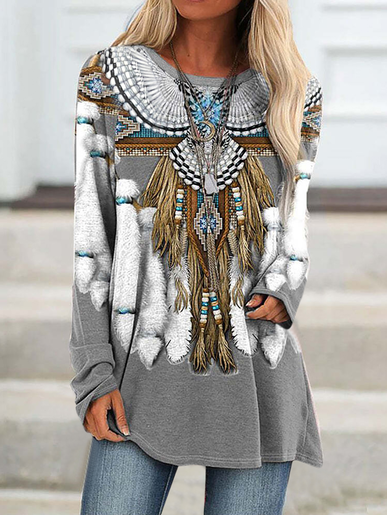 Women's Autumn New Ethnic - Style Long - Top - Casual Retro Grey Milk Silk Top-CF40478