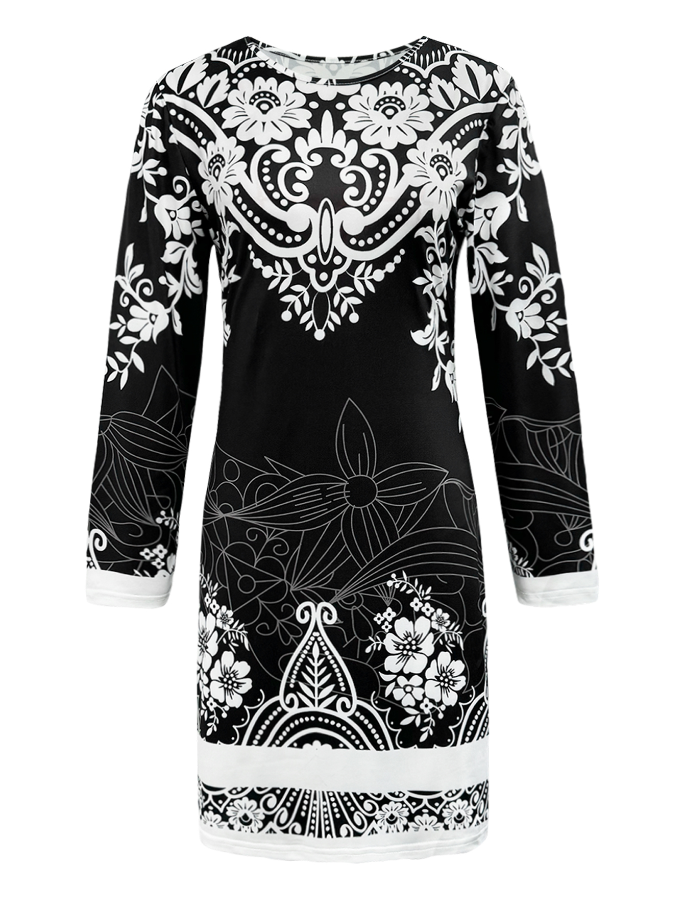 Women's Vintage Paisley Floral Printed Dress - Elegant Sheath Party & Casual Black Dress-CF41429