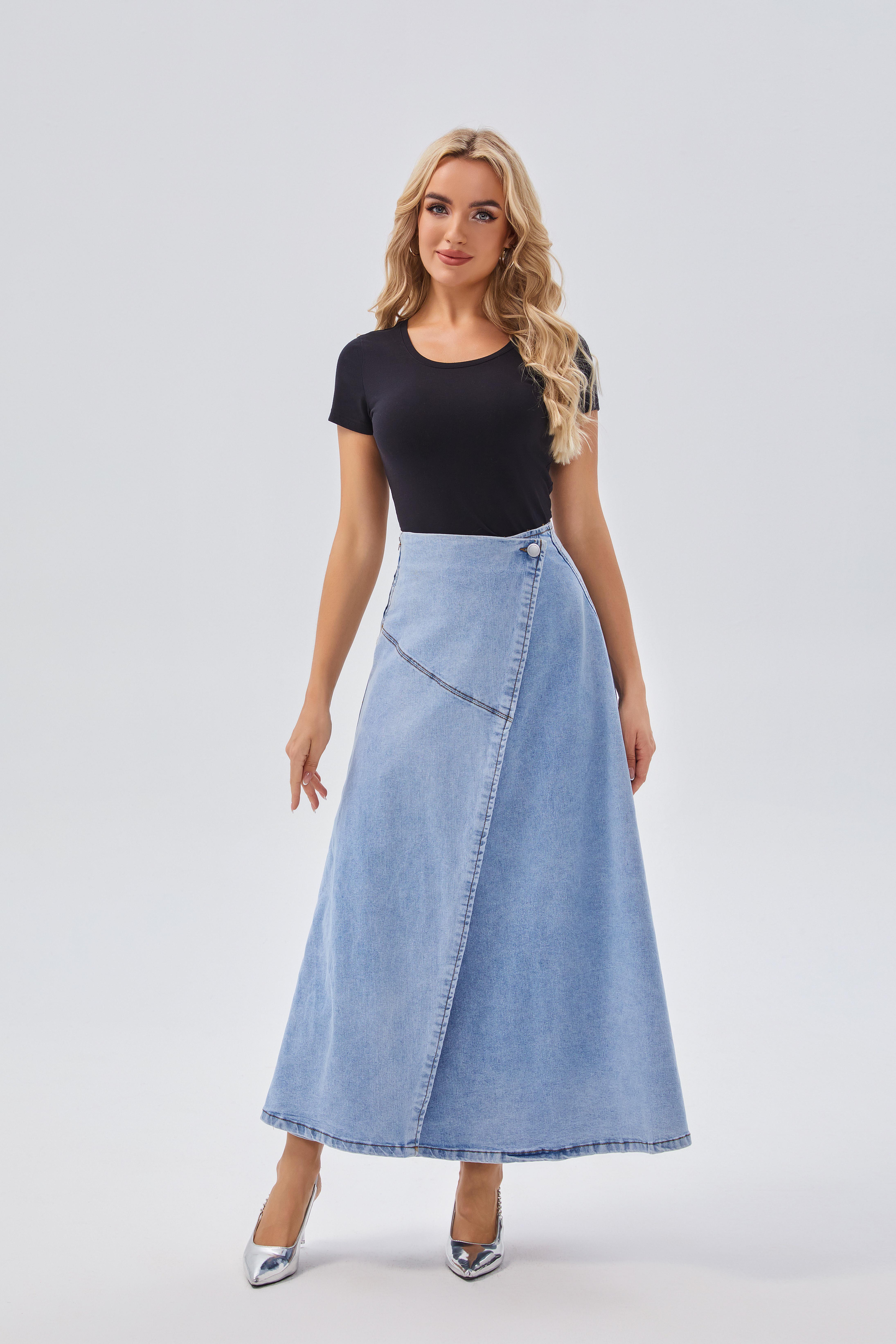 Skirts Women's Asymmetric Button - Up Light Blue Denim Midi Skirt - Trendy & Versatile, Perfect for Casual & Semi - formal Occasions