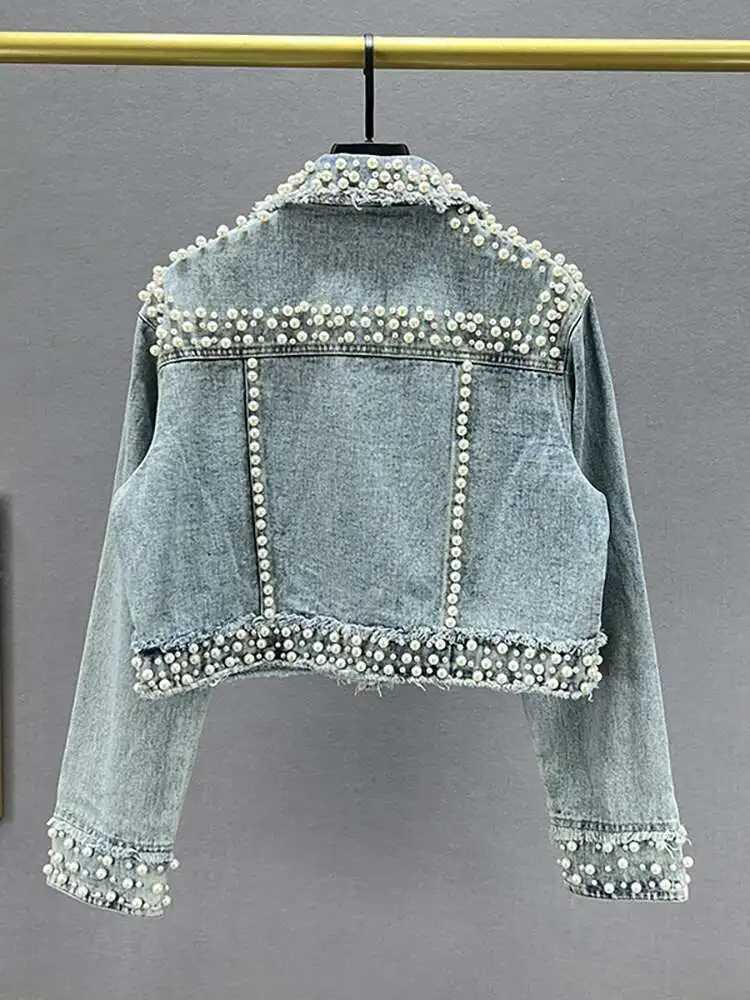 DEAT Womens Denim Coat Full Pearls Colored Beaded Crystal Long Slve Cool Burrs Female Jackets 2025 Summer New Fashion 29L4067 L251010VPV1