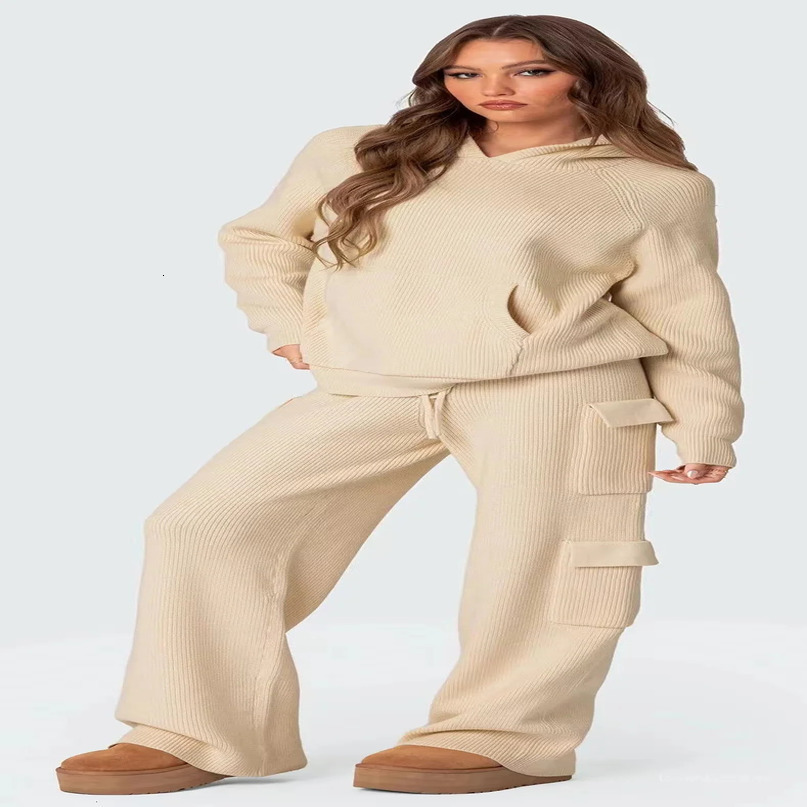 Knitted Multi Pocket Pants Set Fashion Hooded Sweatshirt Womens Long Sleeve Sweater Two Piece 241008