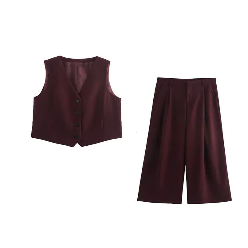 Willshela womens fashion twopiece solid vest and straight leg pants retro Vneck single chest set 241008