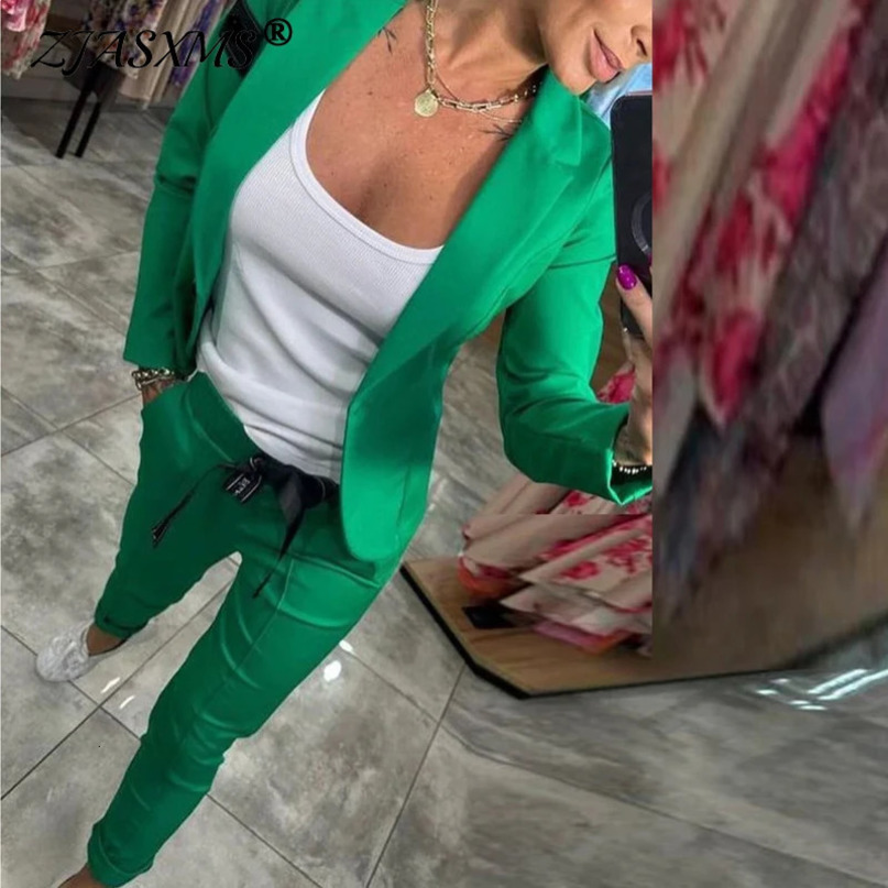 Autumn solid twopiece set jacket elegant office lapel single button womens winter casual lace pants 241115