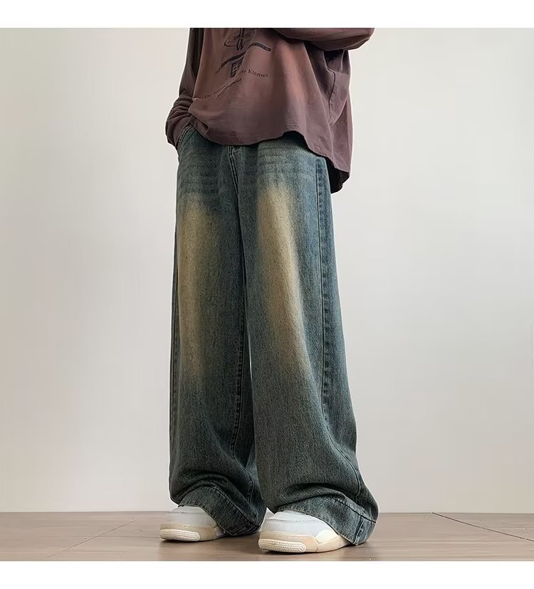 Men's Jeans Distressed Vintage Blue Pants Men Wide-leg Denim Trousers Male Oversize Streetwear Fashion Casual Baggy Straight