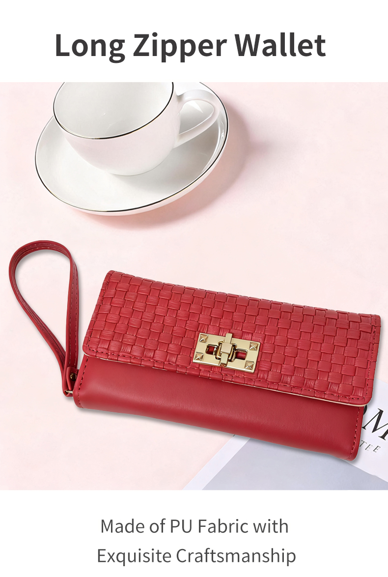 Wallets Women's Fashion Red Long Zipper Wallet - Woven Texture Clutch with Wrist Strap & Metal Lock, Multi - Card Slot Easy Storage Purse for Dai
