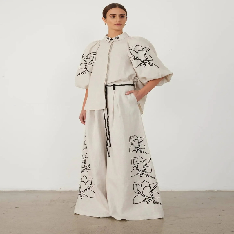 Summer Cotton Linen Womens Set Printed Wrist Sleeve Top Lace Wide Leg Pants Sexy Casual Fashion Wear 241008