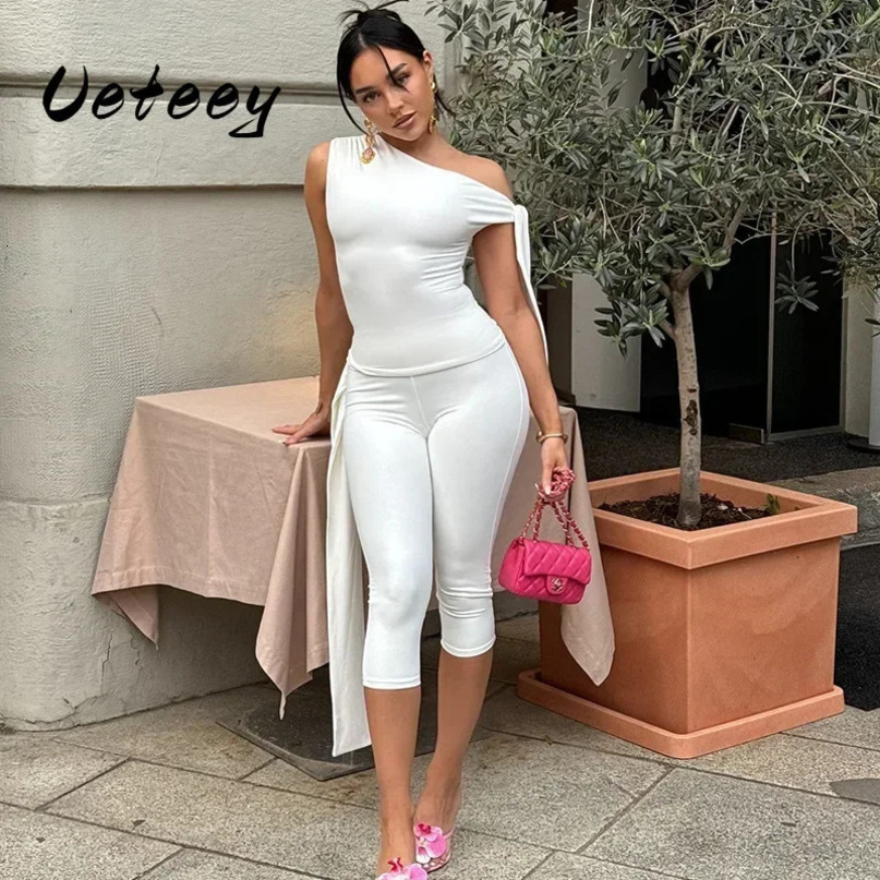 Uetee white twopiece pants set sexy womens sleeveless lace toptight knee length 241008