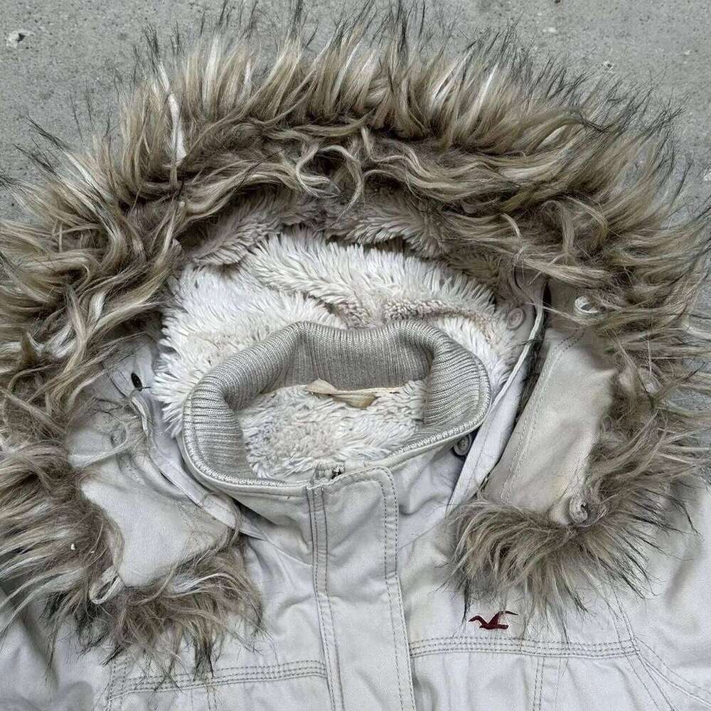 American Street Retro Fur Lined Hooded Jacket Womens White Zipper Coat Warm Plush Gothic Fashion Casual Y2k Style Coats