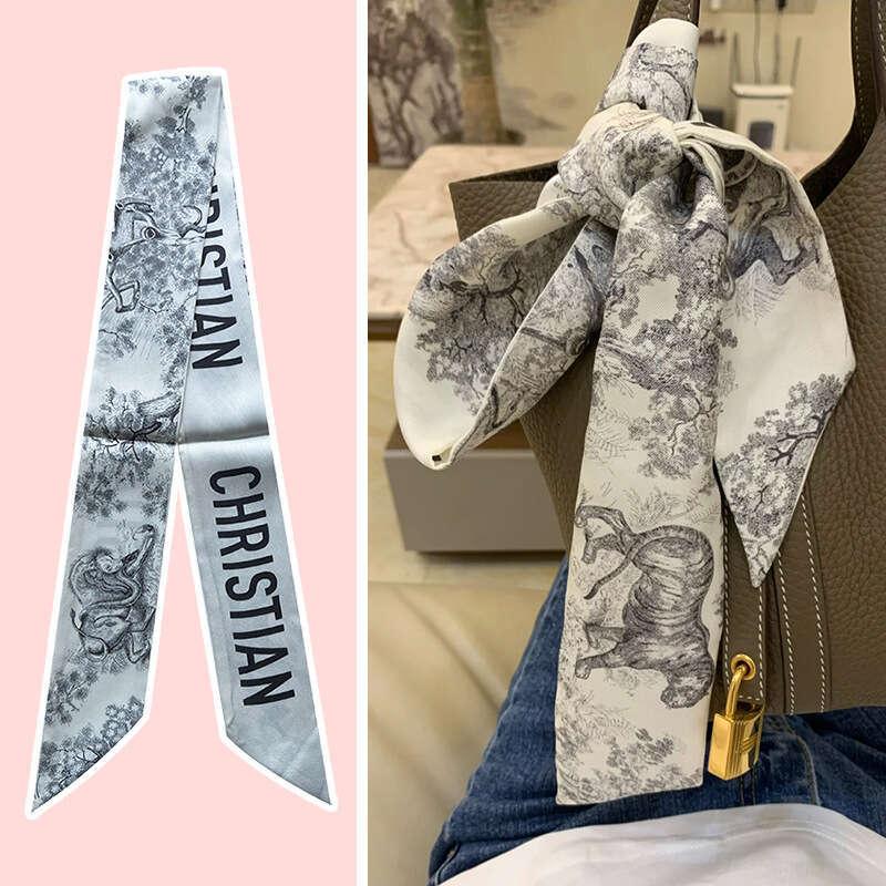 Summer New Gray Animal Hairband for Women, Small Silk Scarf, Long Strip Wrap Ribbon, Bag Handle Tie Strap