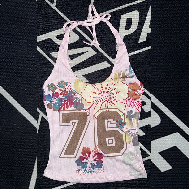 Pure Desire Island Floral Letter Womens High Neck Printed Sweet Spicy Girl Light Pink Halter Strap Tank Top