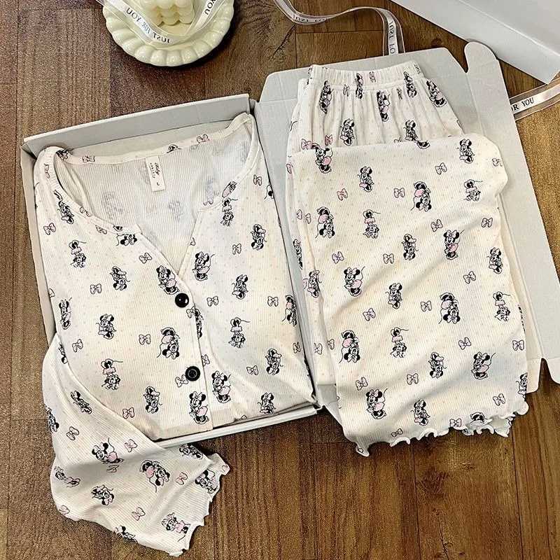 Cartoon Minnie Bow Dot Print Twopiece Set Pajamas Vneck Fashion Korean Casual Home Clothes Set Autumn New Fashion Sleepwear Y251010