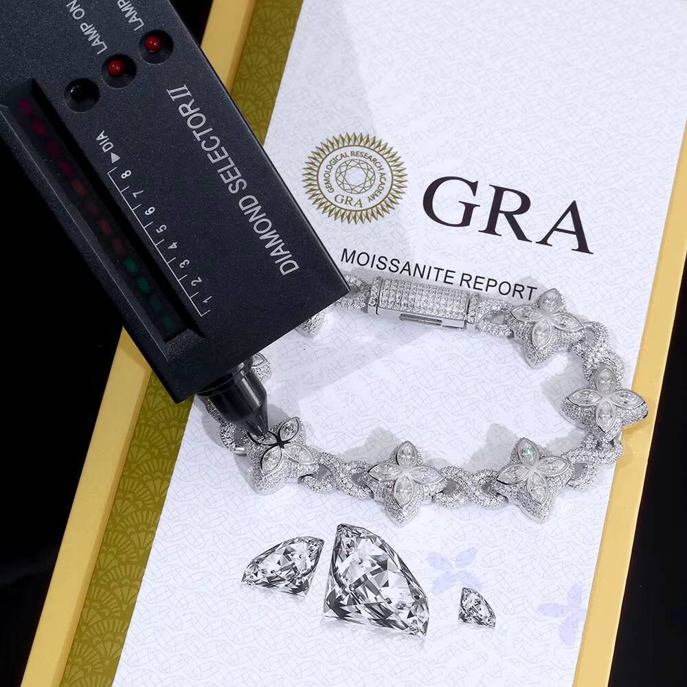 ESKEEM Blue Floral Cuban Bracelet 925 Silver Iced Out Chain VVS Moissanite Diamond Chain Bracelet Fine Jewelry for Women