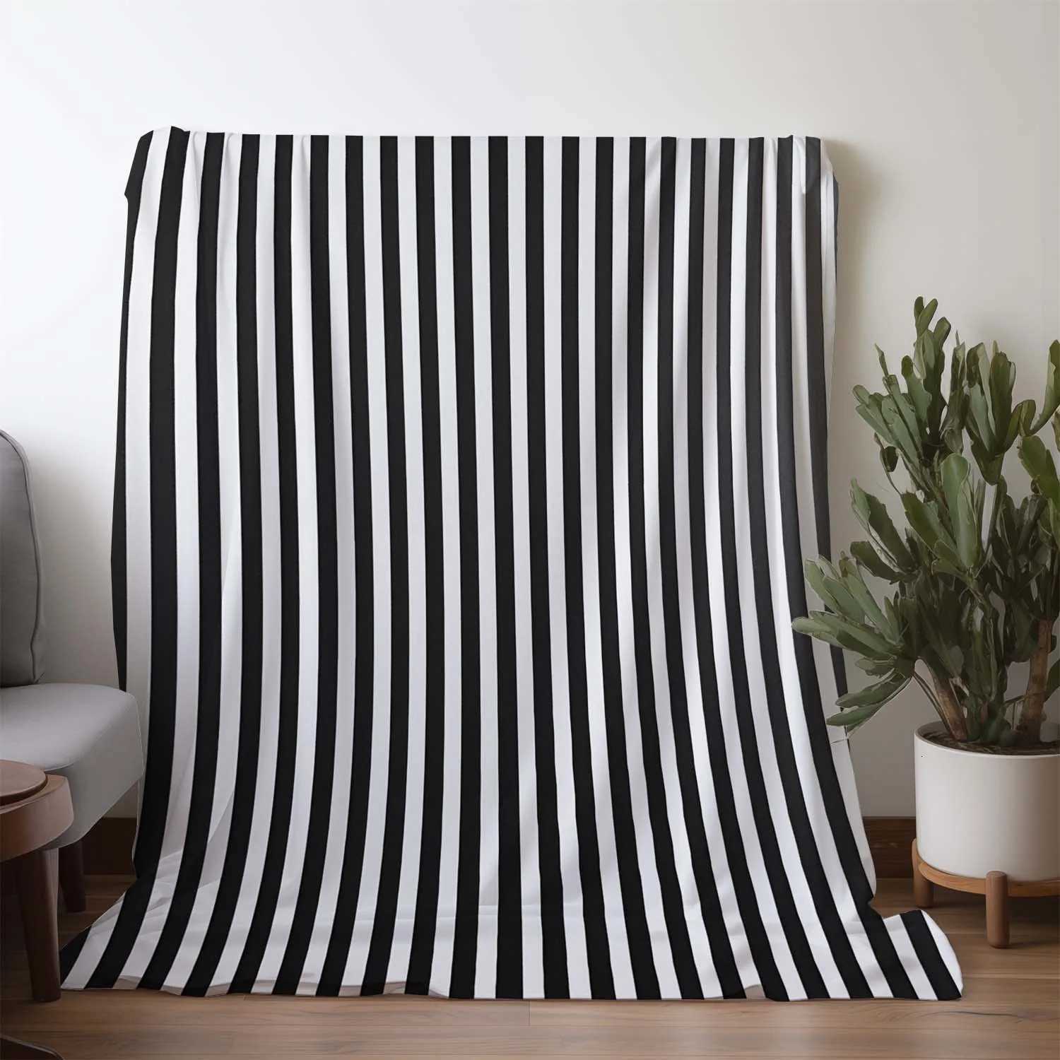 1pc Retro Striped Flannel Blanket Soft Warm AllSeason Throw for Sofa Bed Car Camping Office Cozy Black White Stripes Home C251011
