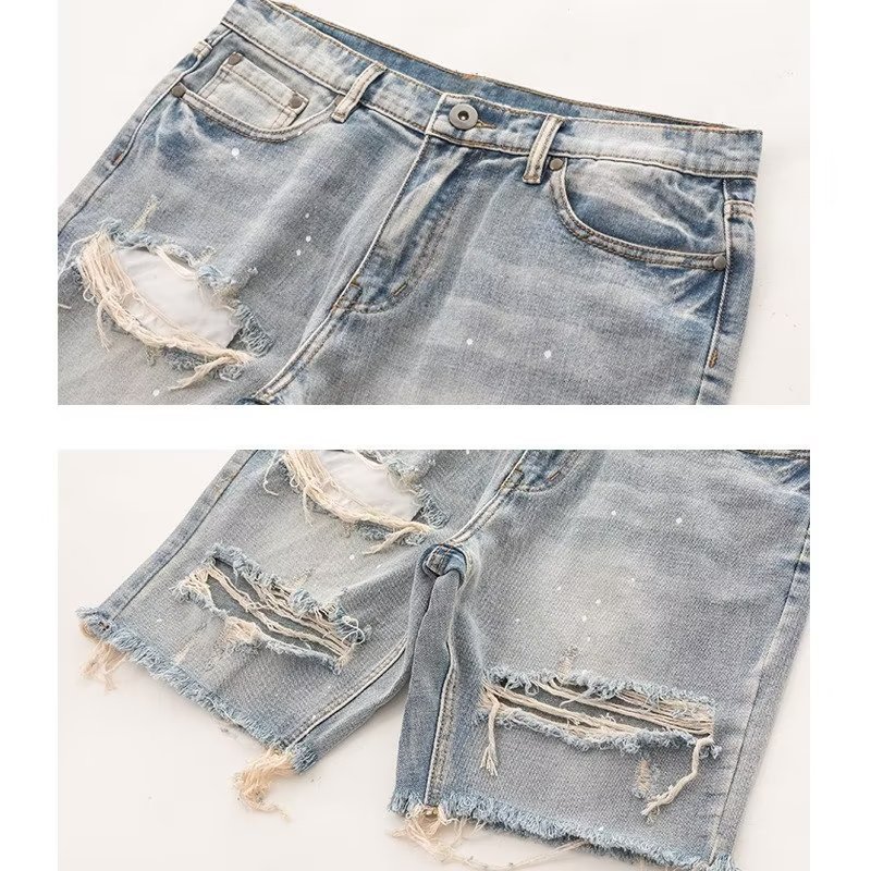 Ripped Holes Denim Shorts Vintage Men Jeans Mens Distressed Stylish Straight Fit Multi Pockets Short Pants 240619
