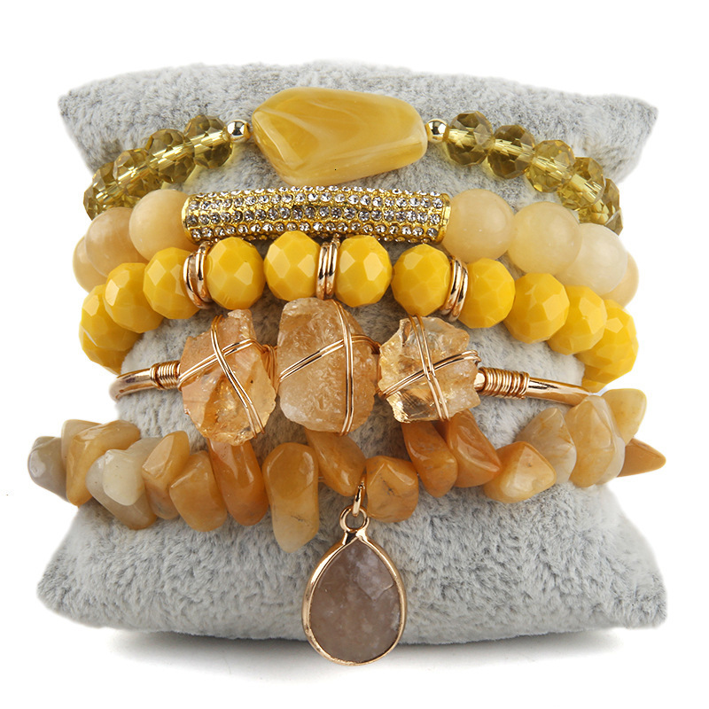 Bohemian Stack Bracelet Natural Stone Glass Mixed Crushed Stone Bracelet 5PCS Womens Bracelet Set