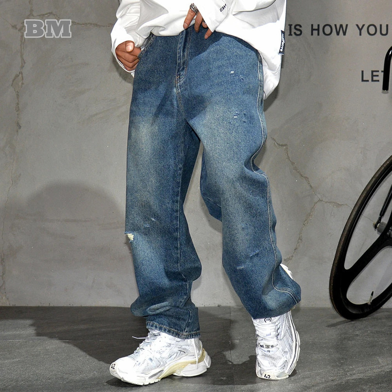 American retro blue ripped pocket jeans streetwear skateboarding denim pants mens clothing Harajuku fashion casual 241008