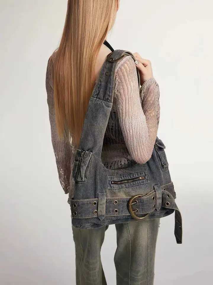 Women Vintage Denim Punk Shoulder Bag Design Y2k Black Grunge Handbag for Cool Girls Retro Lady Gothic Underarm Bags Motor Style L251010