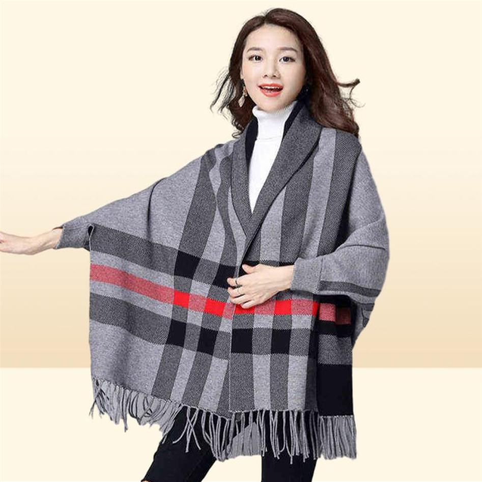 ZJZLL Fashion Long Fringed Multicolor Winter Warm Shawl And Wrap With Sleeves Plaid Knitted Pashmina Striped Cape Sweater Poncho Y83609336u