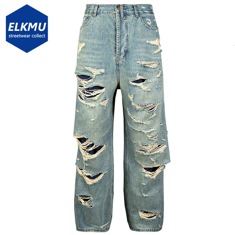 Hip Hop Ripped Jeans Distressed Double Layer Baggy Denim Pants Mens Fashion Streetwear Harajuku Blue 241104
