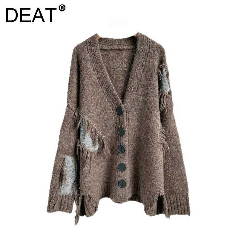 DEAT Womens Cardigan Vneck Patchwork Tassel Loose Long Slve Irregular Knitted Sweaters 2025 New Autumn Fashion 29A3213 L251010LW2Q