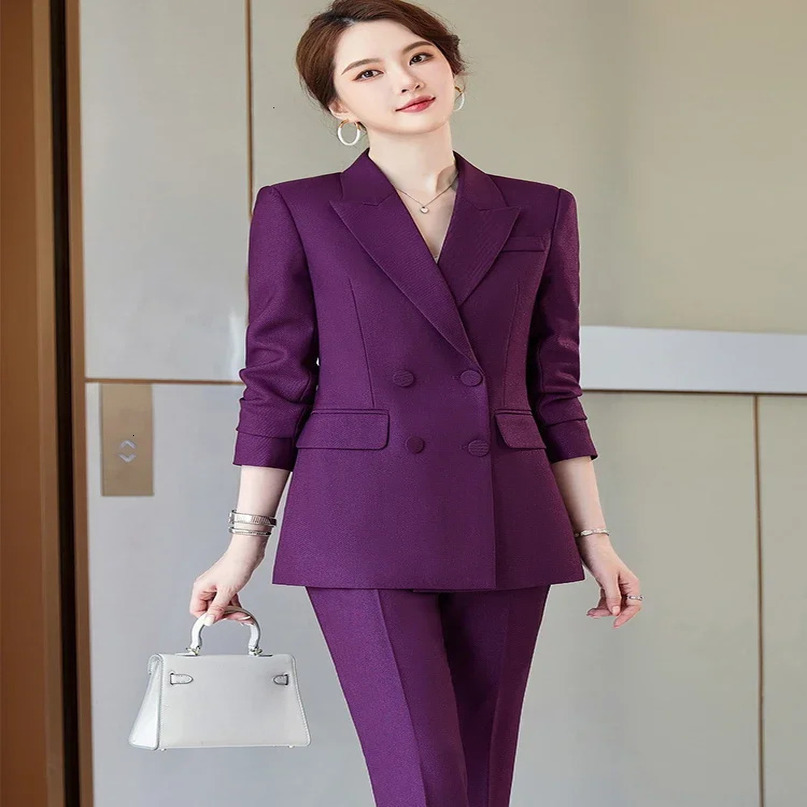 Womens Business 2piece Jacket Set Long Sleeve JacketTrouser Pants Blue Purple Black Office Dress 5XL 241115