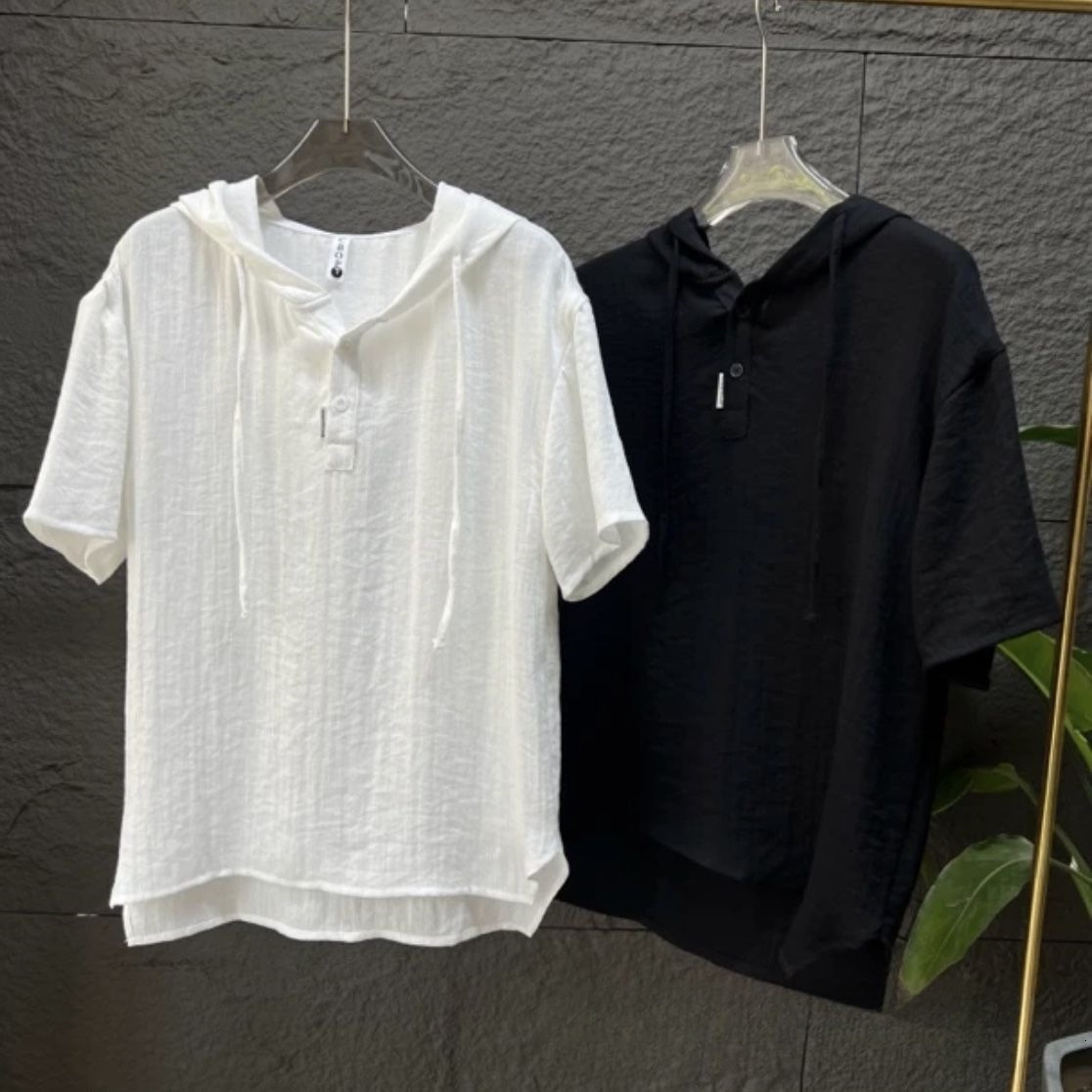 Trendy Brand High-quality Hooded Thin Short-sleeve T-shirt For Men Designer Designer Shirt Hoodie Casual Simple Stylish Solid Color Versatile White