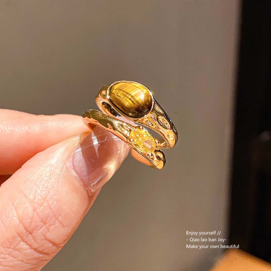 Gold Toned Stackable Ring With - Brown Oval Gemstone Yellow Accent Delicate Daily & Elegant Jewelry Gift For Her Unique And Luxe Accessory