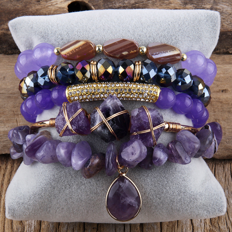 Bohemian Stack Bracelet Natural Stone Glass Mixed Crushed Stone Bracelet 5PCS Womens Bracelet Set