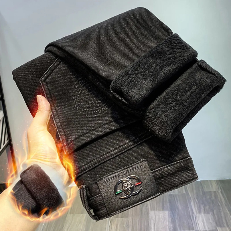 black and velvet thick jeans for men fashionable highend fully matched tight fitting warm boys in winter 241008