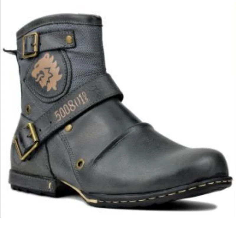 Mens Ankle Boots High Quality Cowboy Boots Men Metal Buckle Side Zipper Motorcycle Boots Gothic Boots Retro Western Boots 251010