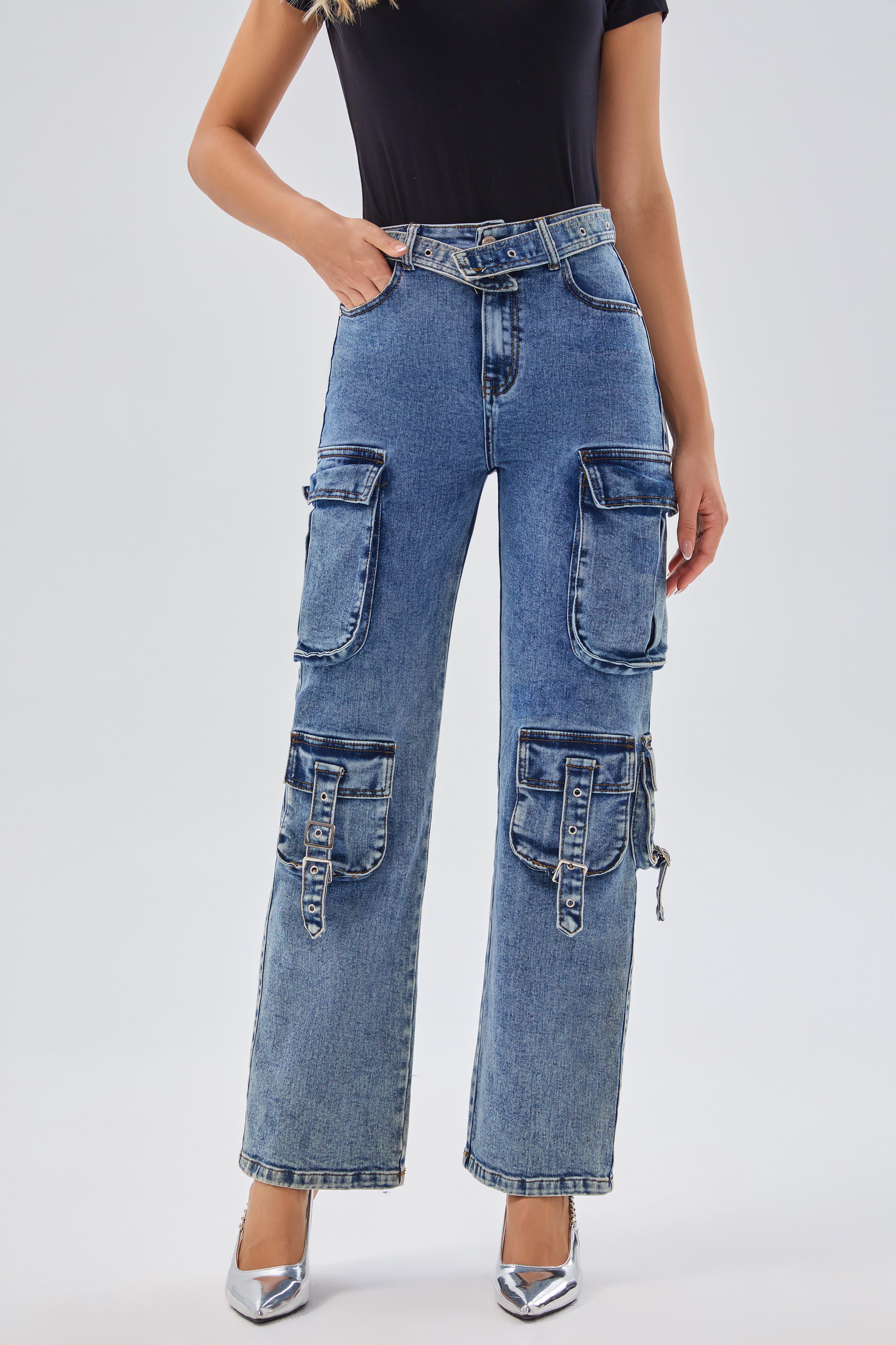 Women's Jeans Women's High - Waisted Denim Cargo Pants with Buckle Belt - Trendy Multi - Pocket Design, Ideal for Casual & Streetwear
