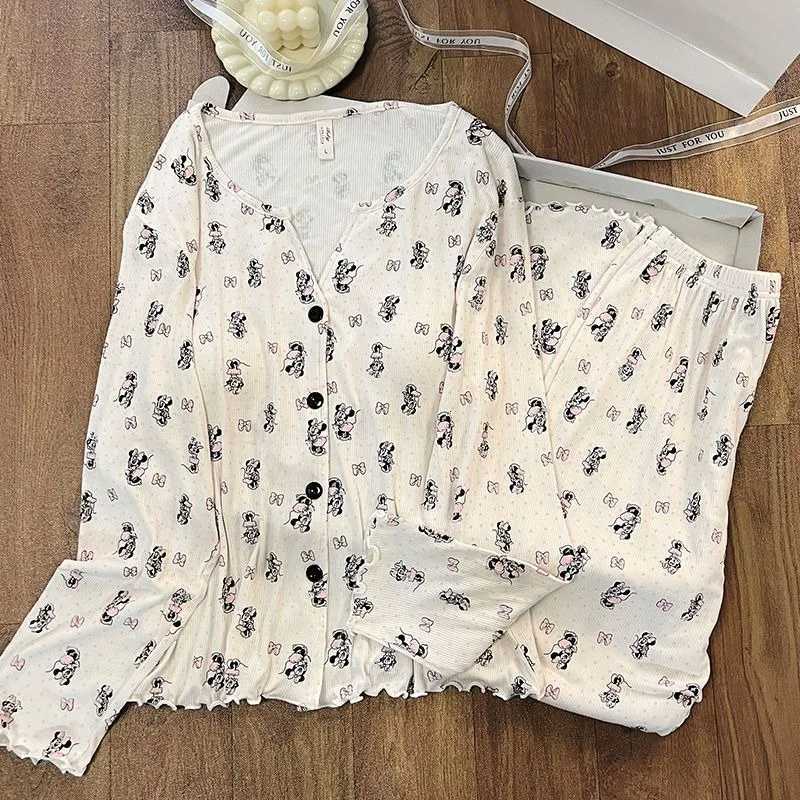 Cartoon Minnie Bow Dot Print Twopiece Set Pajamas Vneck Fashion Korean Casual Home Clothes Set Autumn New Fashion Sleepwear Y251010