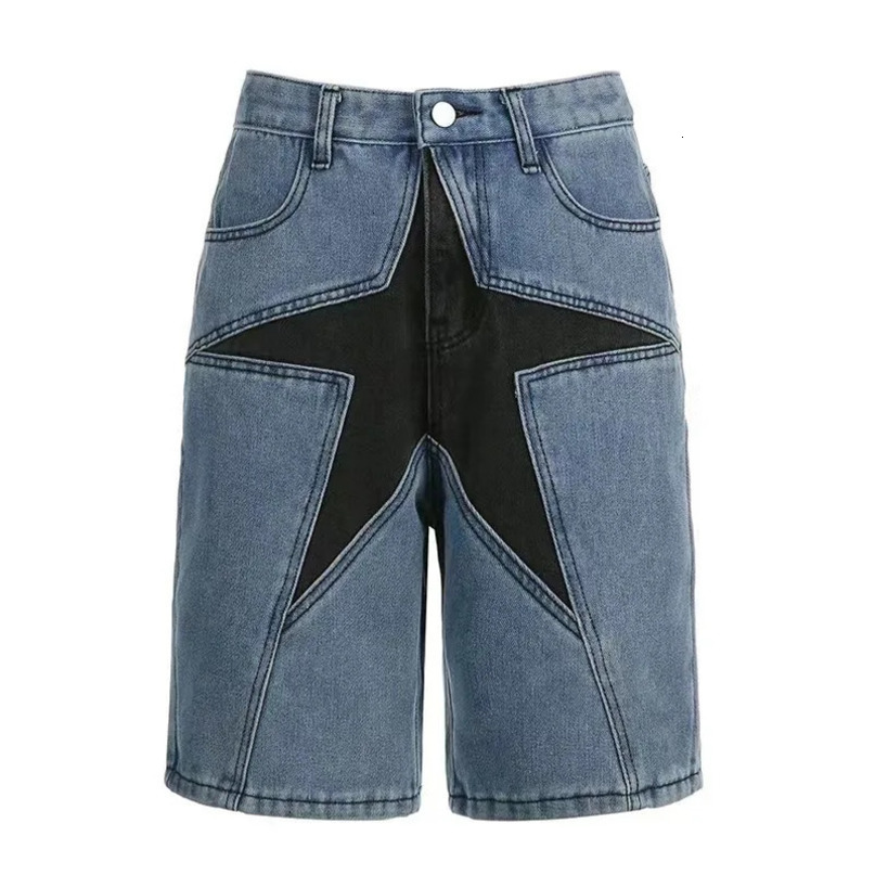 European and American Mens Street Fashion Loose Shorts Fivepointed Star Pattern Mid Waist Baggy Jeans Straight Pants 240619