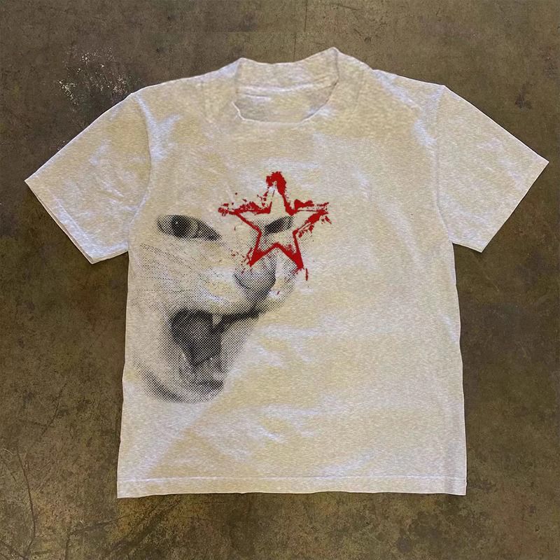 American Style Rock Designer Shirt Cat Fun Print Romantic Punk Heavyweight Designer Hoodie Short Sleeve T-shirt Unisex Couple Style Round Neck Top Dir