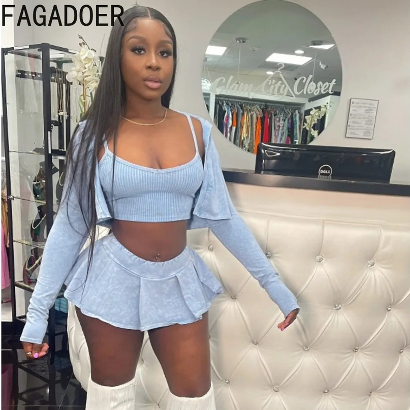 FAGADOER Sexy Y2K Solid Pleated Skirts Three Piece Sets Women VestLong Sleeve Crop Coats Super Mini Outfits Streetwear 240329