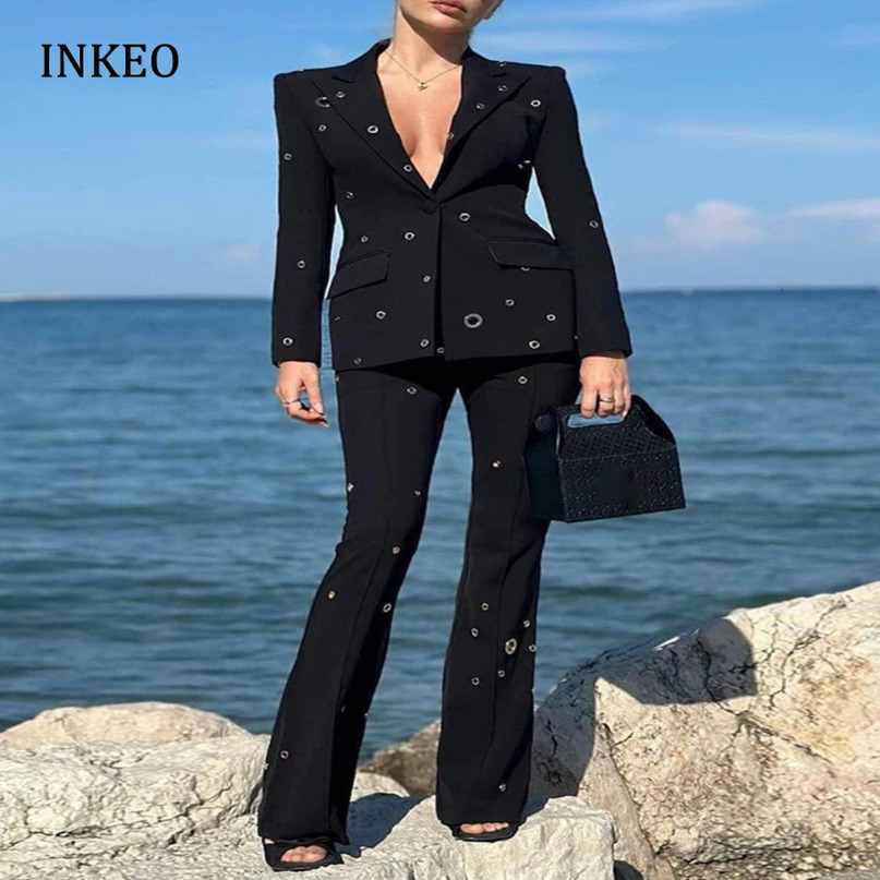 Womens Metal Buckle Jacket 2piece Set AutumnWinter Single breasted and High Waist Shining Pants Slim INKEO 4O084 241115