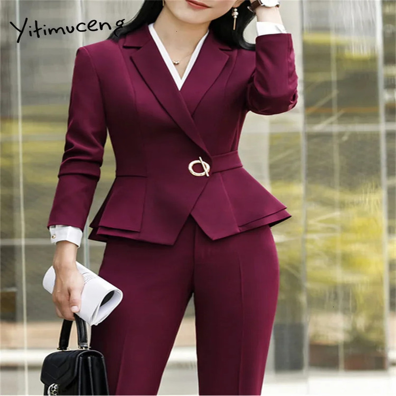 Yitimuceng Solid 2piece Office Dress for Women Folding Collar Jacket Retro High Waist Pants Set 241115