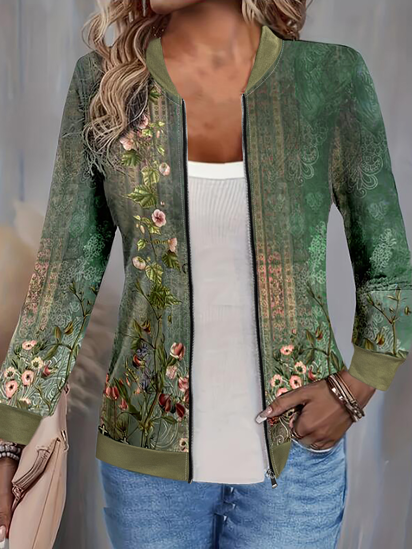 Women's Autumn Retro Mom - Style Lightweight Jacket - Versatile Office & Vacation Green Printed Jacket-CF25124