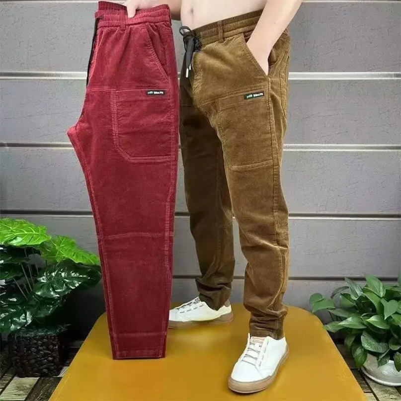Corduroy Cargo Trousers Mens Simple Loose Retro Casual Elastic Work Splicing Multi Pocket Rib Leg Running Pants 241115