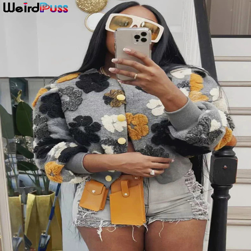 Womens Jackets Weird Puss Fall Wool Flowers Patchwork Jacket Women Hipster Long Sleeve Warm Thick Basic Wild Streetwear Baseball Casual Outwear 231123