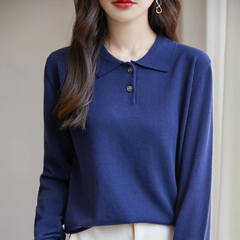 Women 100% Cotton Sweater Polo Collar Pullover Casual Solid Color Knitwear Long Sleeve Spring Autumn Bottoming Clothing Tops 250731